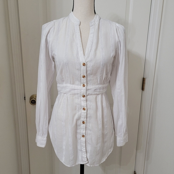 Anthropologie Size 4 White Tie Waist, Button Front Blouse - Picture 1 of 15